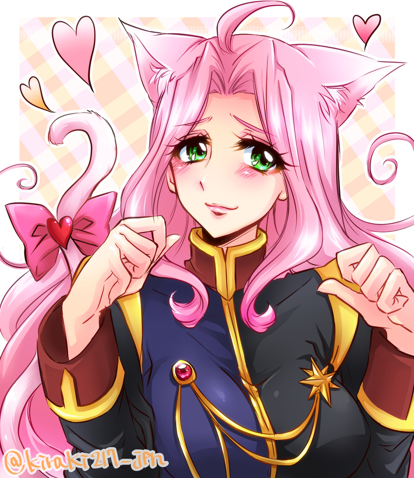 animal_ears blush bow cat_ears cat_tail commentary_request cross_ange ersha_(cross_ange) female green_eyes heart highres kiraki lips long_hair paw_pose pink_hair solo tail tail_bow tail_ornament twitter_username uniform