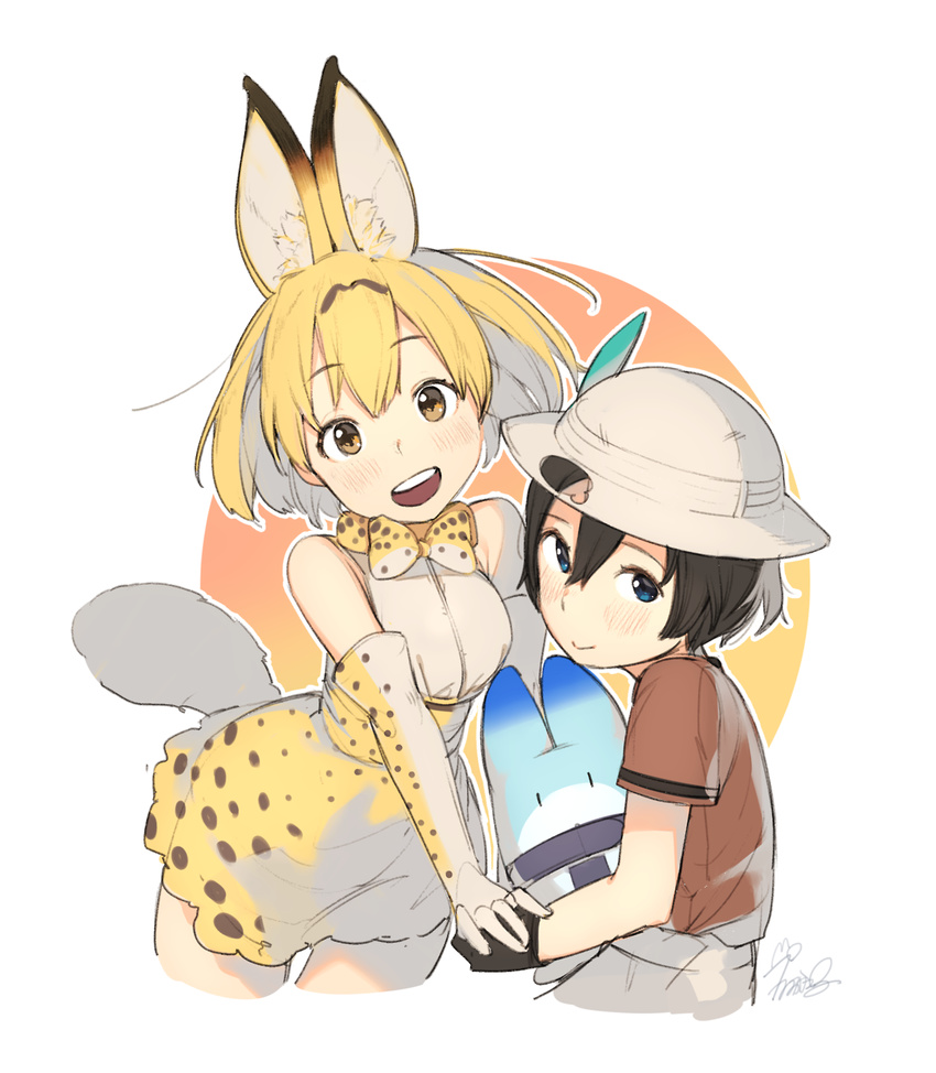 2girls :> :d animal_ears bare_shoulders belt black_gloves black_hair blue_eyes blush bucket_hat cat_ears cat_tail cowboy_shot elbow_gloves eyebrows eyebrows_visible_through_hair from_side gloves gradient gradient_background hair_between_eyes hands_together hat hat_feather highres kaban kemono_friends light_brown_eyes light_smile looking_at_viewer lucky_beast_(kemono_friends) multicolored multicolored_background multiple_girls open_mouth orange_background orange_hair ouchikaeru outline red_background serval_(kemono_friends) serval_ears serval_print serval_tail shirt short_hair short_sleeves shorts simple_background skirt sleeveless sleeveless_shirt smile tail tareme teeth upper_body upper_teeth white_background white_hat white_outline white_shirt