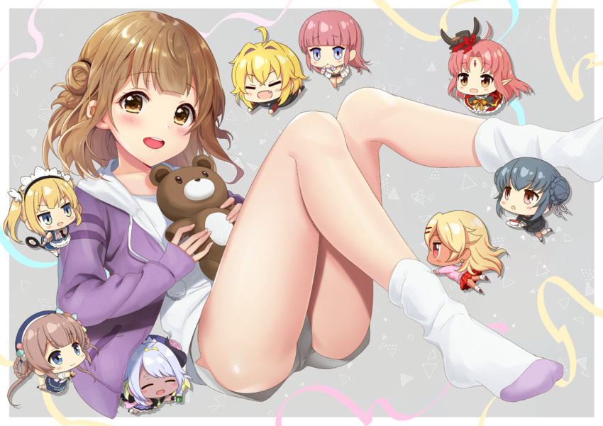 6+girls :d ahoge amaryllis_gumi azuki_yui blonde_hair blue_eyes blush blush_stickers brown_eyes brown_hair character_request chibi chibi_inset closed_eyes closed_mouth collarbone commentary_request cup dark-skinned_female dark_skin double_bun earrings facing_viewer grey_hair grey_shorts hair_bun hinase_sakura holding holding_cup holding_plate holding_stuffed_toy hood hoodie indie_virtual_youtuber jewelry kotohara_hinari long_hair long_sleeves looking_at_viewer lull_luzyca maid maid_headdress md5_mismatch medium_hair micro_shorts mini_person minigirl miruku_purin multiple_girls open_mouth ouga_saki parted_lips photoshop_(medium) plate pointy_ears red_eyes shorts single_hair_bun smile socks stuffed_animal stuffed_toy teacup teddy_bear tetra_(vtuber) twintails virtual_youtuber white_legwear yoshimochi_moni yotsutsuji_mayoi