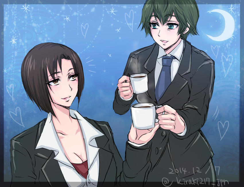 2girls aoyanagi_risa brown_eyes coffee_mug commentary_request crescent_moon cup dated earrings green_hair heart highres jewelry kiraki mole mole_under_eye moon mug multiple_girls necktie night night_sky psycho-pass shisui_mizue short_hair sky twitter_username yuri