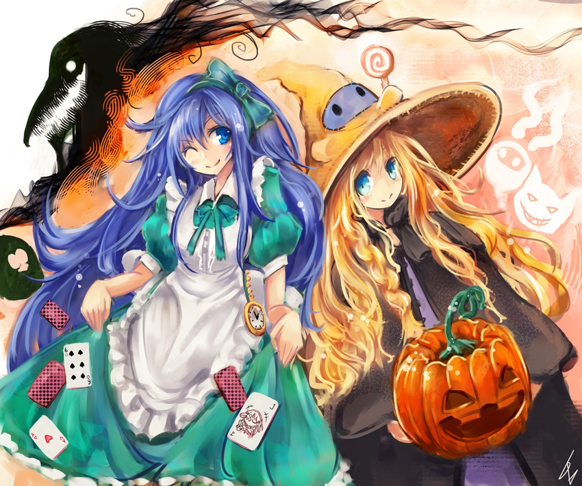 2girls ;) apron ascot braid candy cape card curly_hair cyl dot_heit dress food green_dress hair_ornament hair_ribbon hairband halloween hat jack-o'-lantern lollipop long_hair looking_at_another multiple_girls one_eye_closed original playing_card pocket_watch pumpkin ribbon roderick_bodkin signature silhouette smile st-ko steam_(platform) tappet very_long_hair watch witch_hat