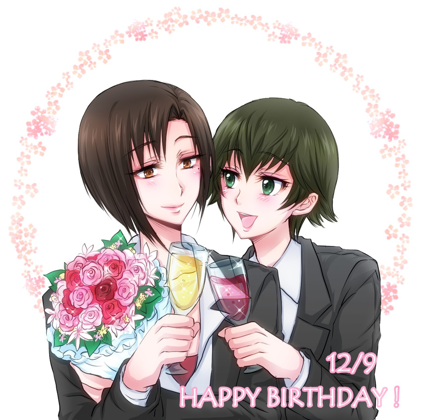 2girls :d alcohol aoyanagi_risa blush bouquet brown_eyes brown_hair commentary_request cup dated drinking_glass flower green_eyes green_hair happy_birthday highres kiraki mole mole_under_eye multiple_girls open_mouth pink_flower pink_rose psycho-pass red_flower red_rose rose shisui_mizue smile toasting_(gesture) wine wine_glass yuri