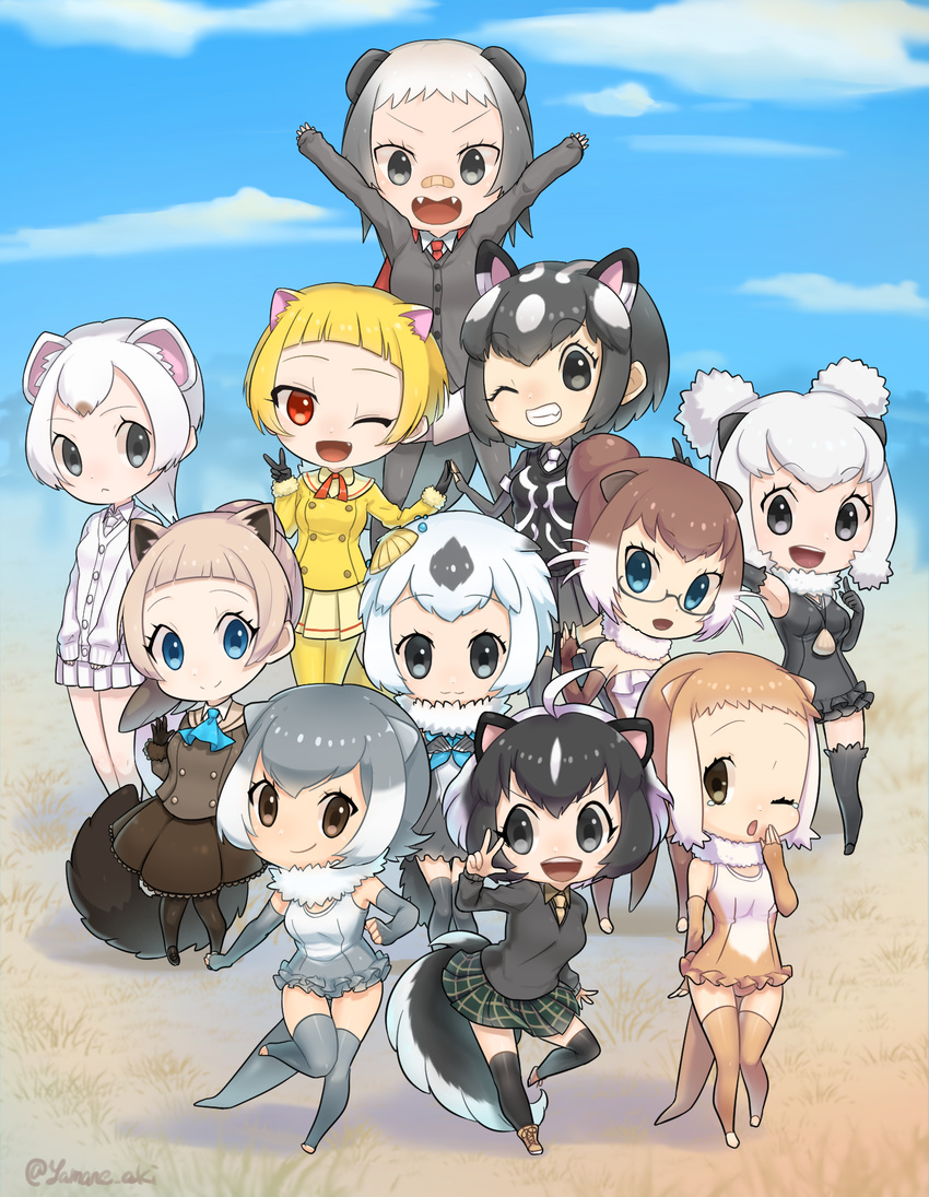 >:) 6+girls :< :3 :d ;d ;o aki_yamane alaskan_sea_otter_(kemono_friends) animal_ears arm_at_side arm_up armpits arms_up artistic_error ascot bad_perspective badger_ears bandaid bandaid_on_face bandaid_on_nose bare_shoulders black_cardigan black_eyes black_gloves black_hair black_one-piece_swimsuit black_socks blonde_hair blue_ascot blue_eyes blue_neckerchief blue_sky blunt_bangs boots brown_eyes brown_gloves brown_hair brown_jacket brown_one-piece_swimsuit brown_shirt brown_skirt buttons californian_sea_otter_(kemono_friends) cape cardigan chibi clenched_hands cloud cloudy_sky collared_shirt commentary covering_own_mouth cross-laced_footwear day dot_nose double_bun elbow_gloves eurasian_otter_(kemono_friends) eyelashes fangs fingerless_gloves frilled_one-piece_swimsuit frilled_skirt frills full_body fur-trimmed_sleeves fur_collar fur_trim glasses gloves gradient_hair grass green_skirt grey-framed_eyewear grey_cardigan grey_eyes grey_gloves grey_hair grey_one-piece_swimsuit grey_shirt grey_skirt grey_thighhighs grin hair_bun hand_up hands_up highres index_finger_raised jacket japanese_marten_(kemono_friends) japanese_otter_(kemono_friends) jewelry kemono_friends leg_lift light_brown_hair long_hair long_sleeves looking_at_another looking_at_viewer looking_to_the_side medium_hair multicolored_clothes multicolored_hair multicolored_swimsuit multiple_girls neck_ribbon neckerchief necklace necktie oerba_yun_fang one-piece_swimsuit one_eye_closed open_hand open_mouth otter_ears otter_tail outdoors own_hands_together pantyhose plaid plaid_skirt pleated_skirt ratel_(kemono_friends) red_cape red_eyes red_necktie red_ribbon ribbon sable_(kemono_friends) semi-rimless_eyewear shadow shell shell_hair_ornament shell_necklace shirt shoelaces short_hair short_sleeves single_hair_bun skirt skunk_ears skunk_girl skunk_tail sky sleepy small-clawed_otter_(kemono_friends) smile socks spotted_skunk_(kemono_friends) standing standing_on_one_leg stoat_(kemono_friends) strapless strapless_one-piece_swimsuit striped_skunk_(kemono_friends) swimsuit symmetrical_hand_pose tail tareme tears teeth thighhighs tree tsurime twitter_username two-tone_hair under-rim_eyewear upper_teeth_only v v-shaped_eyebrows vest waving weasel_ears white_footwear white_gloves white_hair white_necktie white_one-piece_swimsuit white_shirt white_skirt yawning yellow_jacket yellow_necktie yellow_pantyhose zettai_ryouiki