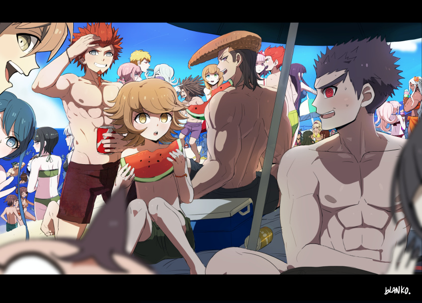 6+boys 6+girls abs alternate_hairstyle ando_ruruka artist_name asahina_aoi asahina_yuta bikini black_hair blanko! blonde_hair blue_eyes commentary_request cooler danganronpa:_trigger_happy_havoc danganronpa_(series) danganronpa_3_(anime) danganronpa_another_episode:_ultra_despair_girls dark_skin double_bun dreadlocks eating enoshima_junko flipped_hair food fruit fujisaki_chihiro green_hair grey_eyes grey_hair groin hagakure_yasuhiro hair_bun hair_ribbon heterochromia highres ice_cream ice_cream_cone ichino_sousuke ikusaba_mukuro ishimaru_kiyotaka izayoi_sounosuke kimura_seiko koizumi_mahiru kuwata_leon letterboxed long_hair looking_at_viewer maizono_sayaka male_swimwear mask mioda_ibuki mouth_mask multicolored_hair multiple_boys multiple_girls muscular naegi_makoto nidai_nekomaru nipples nishizawa_kiriko ogami_sakura one-piece_swimsuit owada_mondo owari_akane pekoyama_peko pink_hair pompadour ponytail red_eyes red_hair ribbon ringed_eyes sarong satou_(danganronpa) school_swimsuit short_hair sitting soda sonia_nevermind streaked_hair surgical_mask sweat swim_trunks swimsuit tsumiki_mikan two-tone_hair umbrella umesawa_aiko utsugi_kotoko v watermelon white_hair yamada_hifumi yellow_eyes