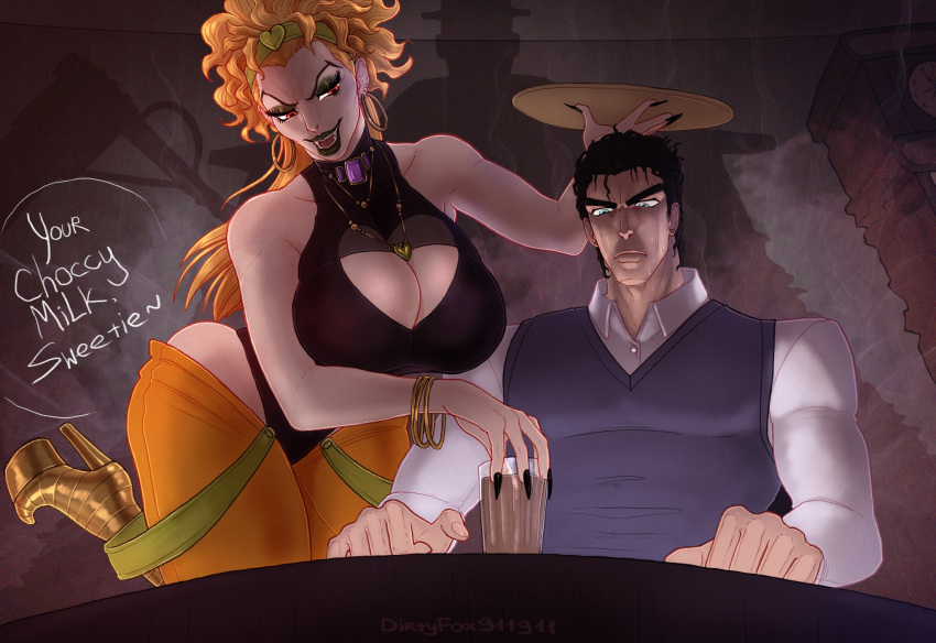 big_breasts black_hair black_nails blonde_hair bodysuit choccy_milk chocolate_milk cyan_eyes dio_brando dirtyfox911911 earrings female genderswap genderswap_(mtf) high_heels huge_breasts jewelry jojo's_bizarre_adventure jotaro_kujo kitchen large_breasts long_nails makeup male meme milo_(drink) mommy_kink necklace nestle red_eyes rule_63 stardust_crusaders vampire