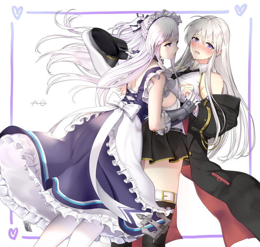 2girls apron au11 azur_lane belfast_(azur_lane) belt black_belt black_coat black_necktie blush braid breasts broken broken_chain chains coat collar commentary enterprise_(azur_lane) french_braid frilled_apron frilled_gloves frills gloves hat highres large_breasts long_hair maid maid_apron maid_headdress military_hat multiple_girls necktie open_clothes open_coat pantyhose peaked_cap pleated_skirt purple_eyes shirt skirt sleeveless sleeveless_shirt symbol-only_commentary thighhighs underbust white_apron white_hair white_headwear yuri