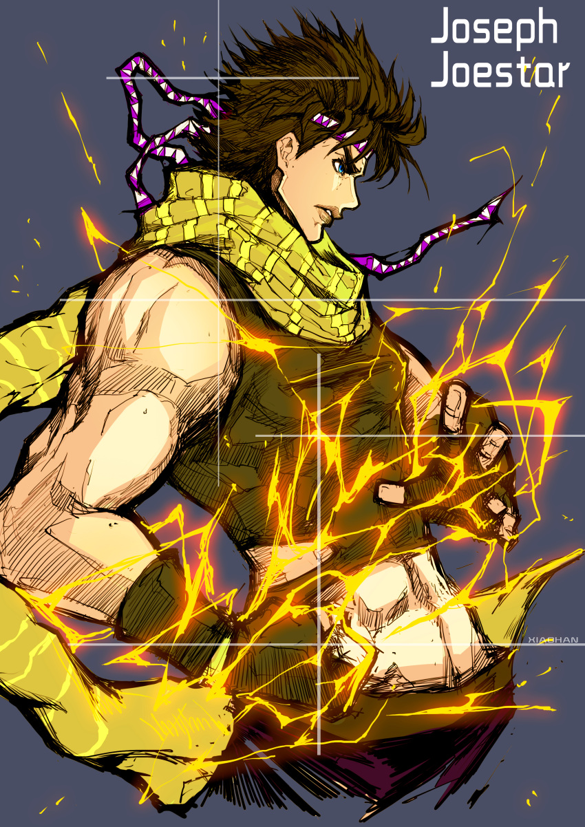 1boy abs absurdres bare_shoulders battle_tendency blue_eyes brown_hair crop_top electricity fingerless_gloves fxdjia1995 gloves green_scarf hamon headband highres jojo_no_kimyou_na_bouken joseph_joestar joseph_joestar_(young) male_focus midriff profile scarf solo striped_clothes striped_scarf tight_top triangle_print vertical-striped_clothes vertical-striped_scarf yellow_scarf