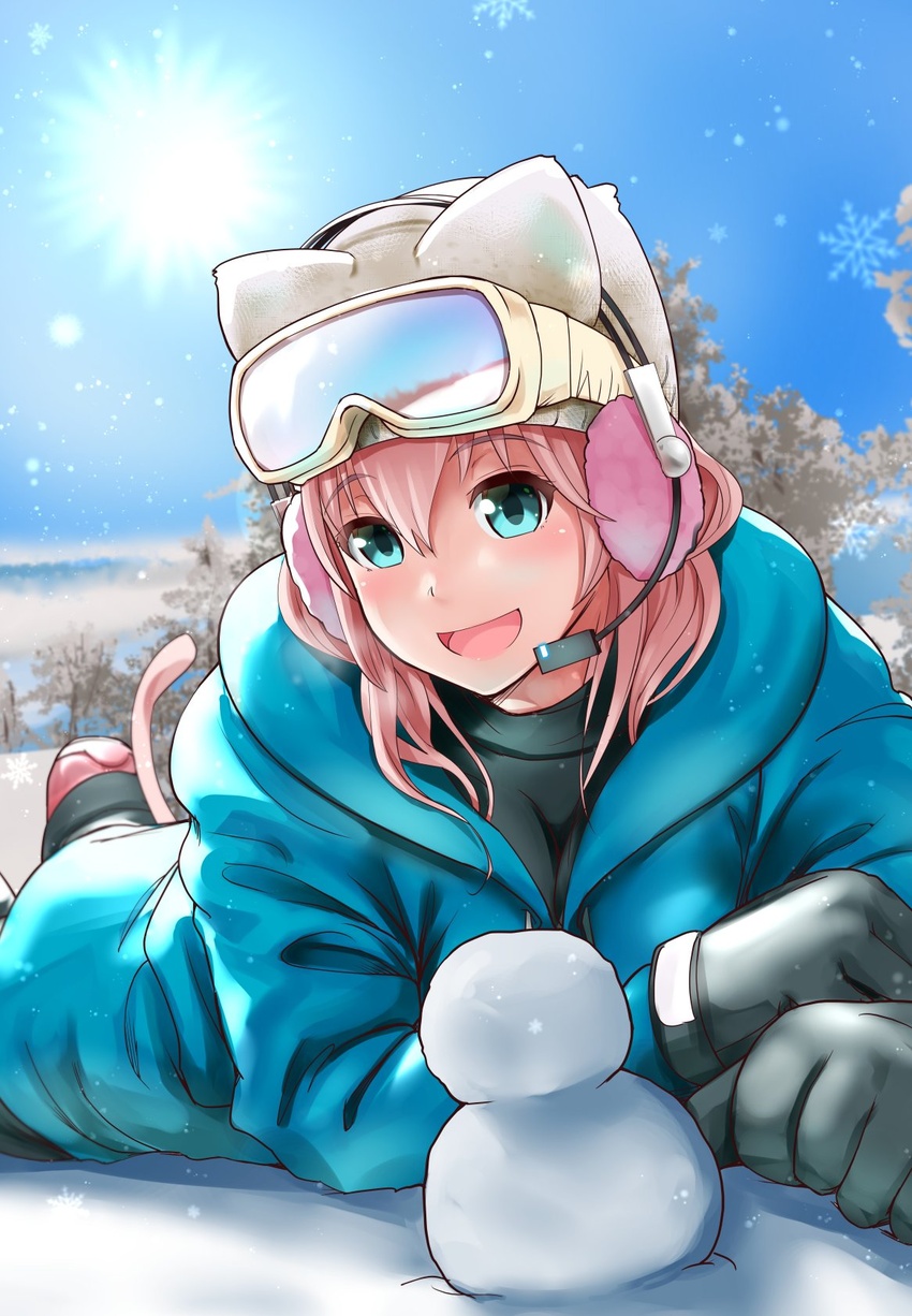 animal_ears blush breasts cat_ears cat_tail female ganari_ryuu gloves green_eyes headphones headset highres large_breasts looking_at_viewer open_mouth pink_hair smile solo super_tama_musume tail tamatoys