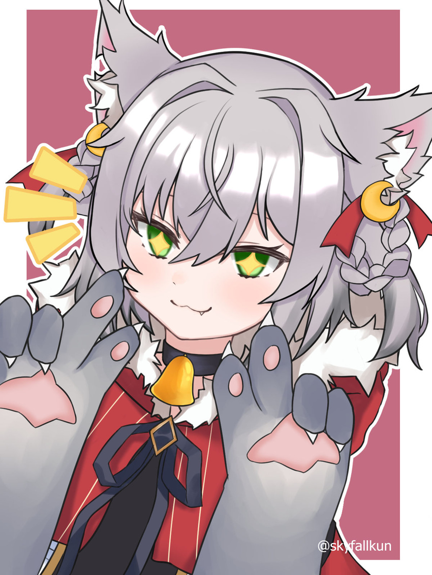 +_+ animal_ear_fluff animal_ears animal_hands bell braided_hair_rings choker crossed_bangs female fur-trimmed_hood fur_trim gloves grey_hair hair_ribbon highres hood kamizuki_naki neck_bell notched_ear oerba_yun_fang paw_gloves prism_project puff_of_air ribbon short_hair skyfall_kun solo virtual_youtuber wolf_ears wolf_girl