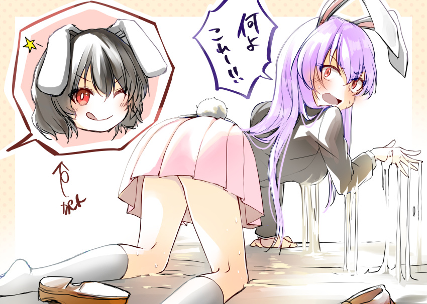 2girls absurdres all_fours animal_ears ass black_hair black_jacket blush breasts bright_pupils brown_footwear commentary_request foot_out_of_frame glue glue_trap hair_between_eyes highres inaba_tewi jacket kinese_(katasutorohu) long_hair long_sleeves looking_back medium_breasts multiple_girls one_eye_closed open_mouth pink_hair pink_skirt rabbit_ears rabbit_girl rabbit_tail red_eyes reisen_udongein_inaba shoes short_hair skirt socks star_(symbol) tail touhou translation_request very_long_hair white_pupils white_socks