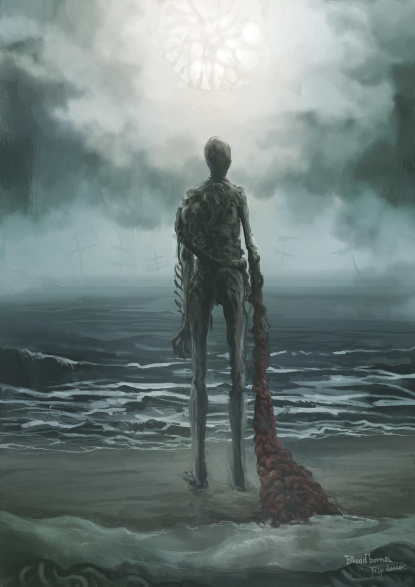 1other beach bloodborne cloud copyright_name from_behind highres holding monster ocean orphan_of_kos solo standing tripdancer weapon