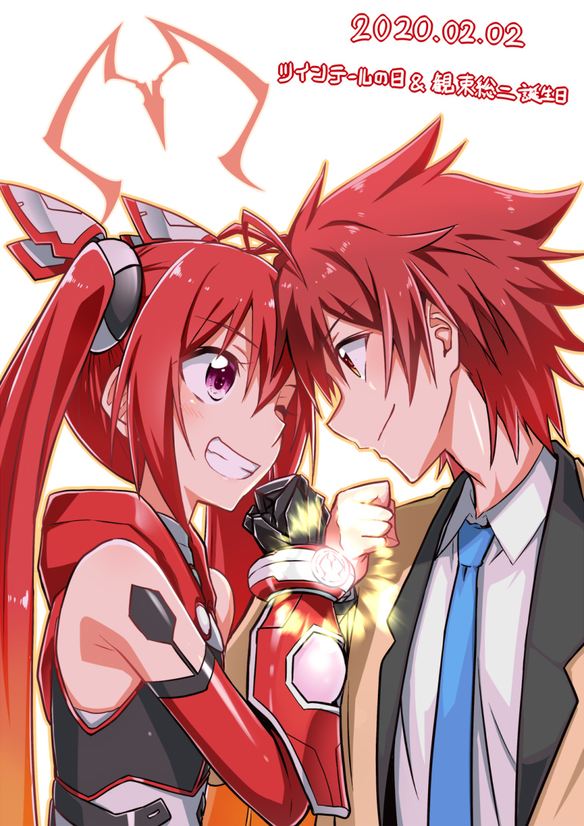 1boy bare_shoulders blue_necktie bodysuit clenched_hand collared_shirt dated dual_persona elbow_gloves female fist_bump gloves grin highres jacket long_hair mitsuka_souji necktie one_eye_closed orange_eyes ore_twintail_ni_narimasu red_eyes red_hair shirt short_hair smile tailred translation_request twintails twintails_day very_long_hair white_shirt yuto_(dialique)