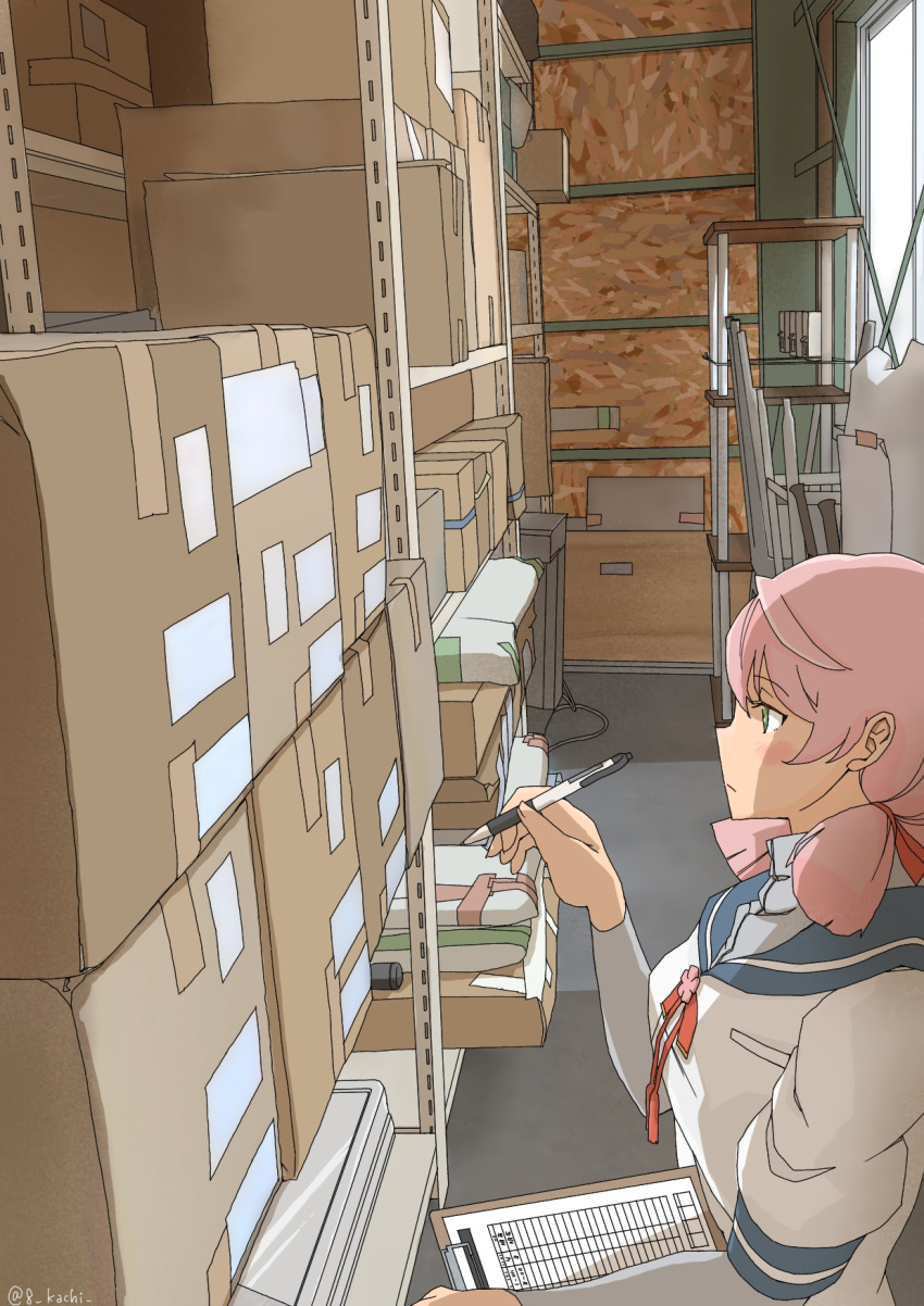 akashi_(kancolle) blue_sailor_collar box cardboard_box clipboard commentary_request female green_eyes hair_ribbon highres indoors kachi_(kachi5100) kantai_collection long_hair long_sleeves neck_ribbon oriented_strand_board pen pink_hair plywood profile red_ribbon ribbon sailor_collar scaffolding school_uniform serafuku solo storage_room tress_ribbon upper_body