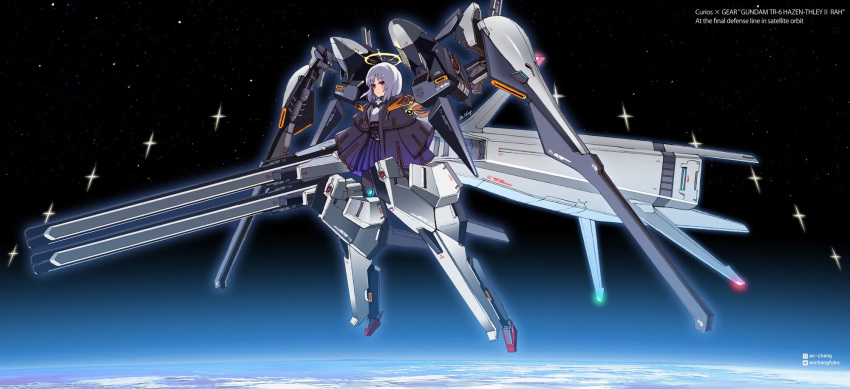 advance_of_zeta an-chang blue_skirt character_request cloak commission expressionless female flat_chest floating grey_hair gundam halo haze'n-thley_ii highres looking_at_viewer mecha_musume purple_eyes science_fiction skeb_commission skirt solo space thrusters