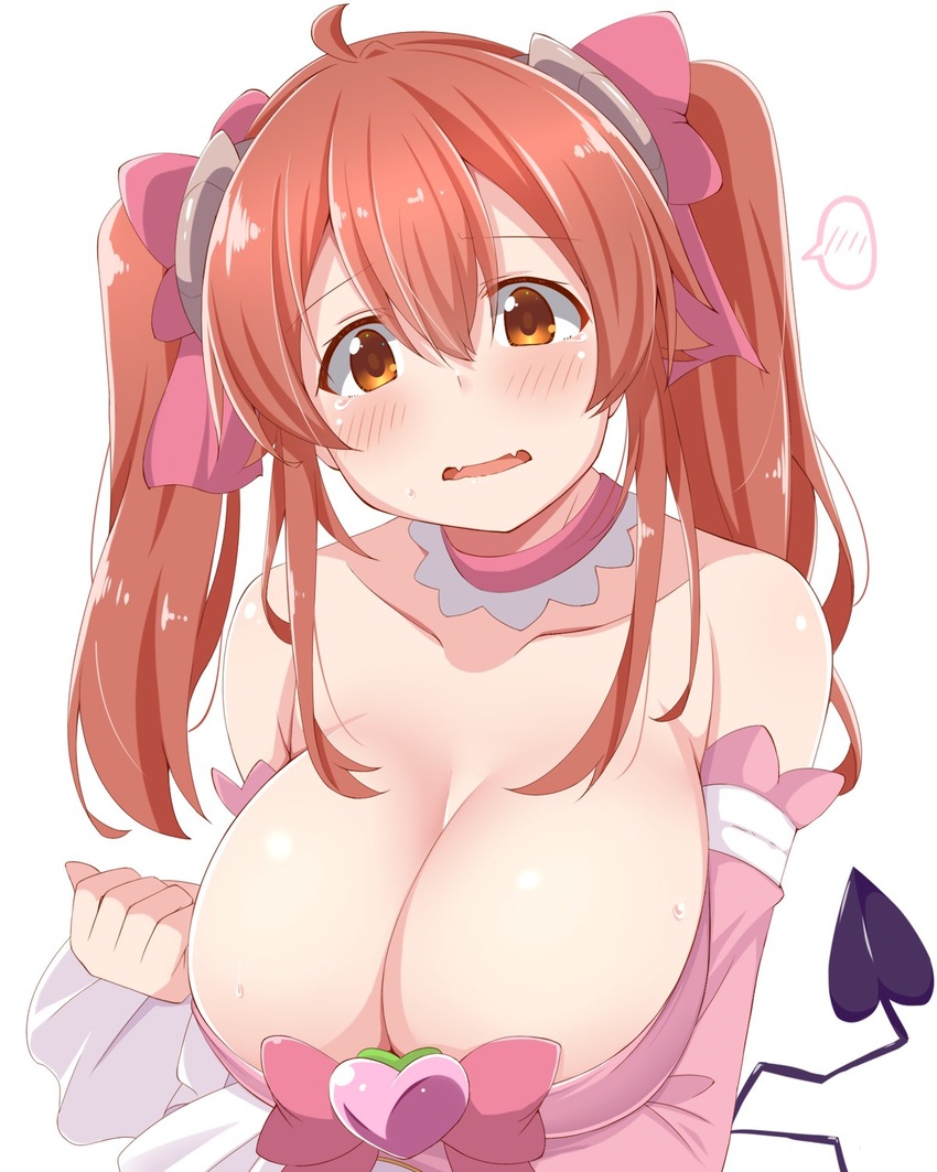 ahoge blush breasts brown_eyes brown_hair chiyoda_momo chiyoda_momo_(cosplay) cleavage cosplay curled_horns demon_girl demon_horns demon_tail detached_sleeves dou-t female hair_ornament highres horns large_breasts long_hair machikado_mazoku magical_girl oerba_yun_fang open_mouth simple_background skin_fang solo tail white_background yoshida_yuuko_(machikado_mazoku)