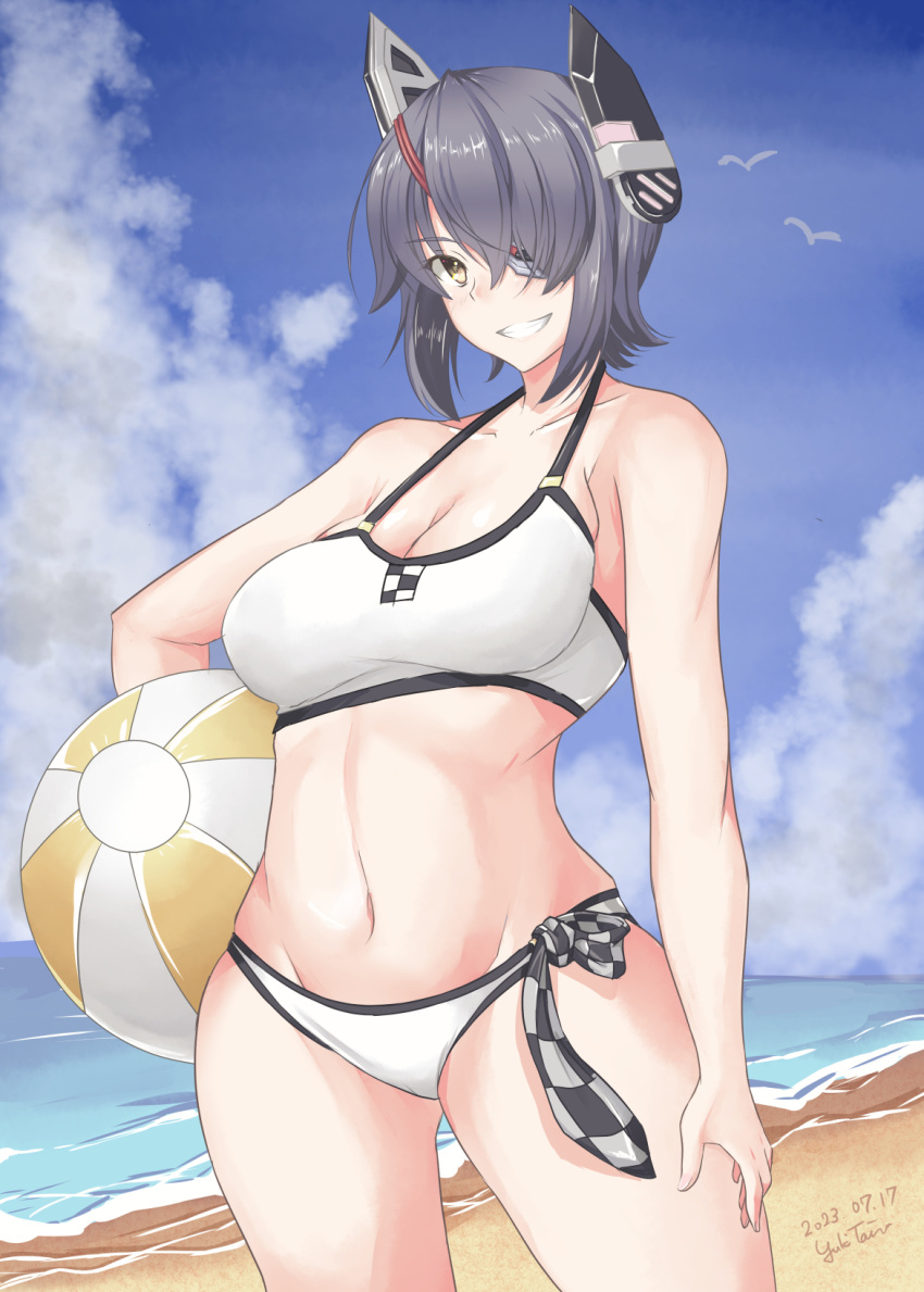 ball beach beachball bikini bird blue_sky blush breasts cleavage cloud cloudy_sky day eyepatch female gloves headgear highres kantai_collection large_breasts looking_at_viewer marine_day ocean official_alternate_costume outdoors purple_hair sand seagull short_hair sky smile swimsuit taira_yuuki tenryuu_(kancolle) tenryuu_(swimsuit_mode)_(kancolle) water white_bikini yellow_eyes