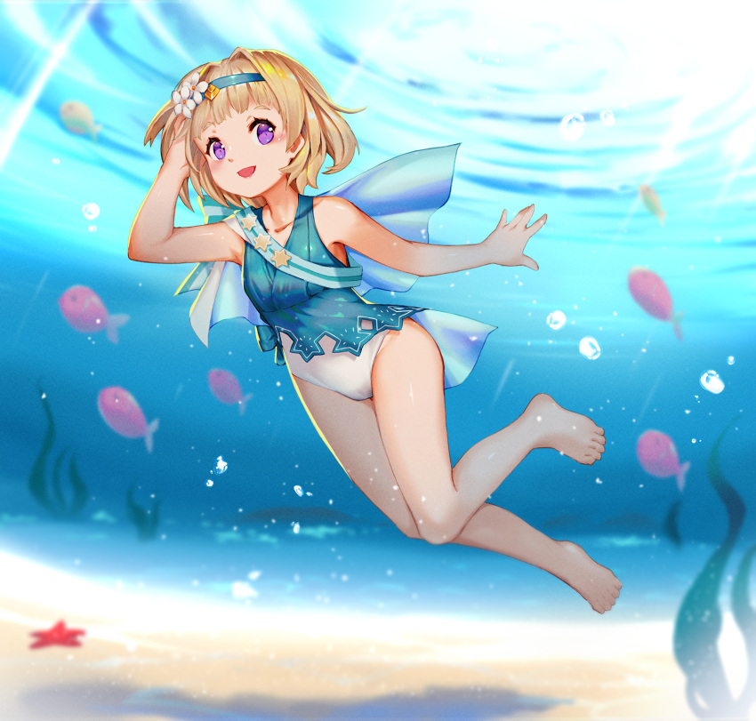 :d air_bubble alternate_hair_color bare_shoulders barefoot blonde_hair blue_one-piece_swimsuit bluesnail bubble casual_one-piece_swimsuit collarbone female fire_emblem fire_emblem_heroes fish freediving hand_in_own_hair highres looking_at_viewer official_alternate_costume one-piece_swimsuit open_mouth purple_eyes seaweed short_hair smile solo star_(symbol) starfish submerged swimming swimsuit tiara underwater water white_one-piece_swimsuit ylgr_(fire_emblem) ylgr_(summer)_(fire_emblem)