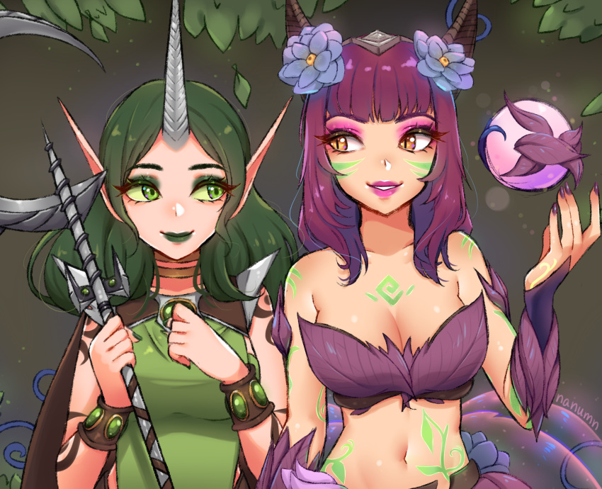 2girls ahri_(league_of_legends) alternate_costume alternate_eye_color alternate_hair_color alternate_skin_color arm_at_side artist_name blue_flower bracer breasts brown_cape brown_eyes cape cleavage dryad_soraka elderwood_ahri eyeshadow facial_mark flower green_eyes green_lips grey_background hair_flower hair_ornament hand_up highres holding holding_staff horns league_of_legends long_hair makeup medium_breasts midriff multiple_girls nanumn navel orb pointy_ears purple_hair purple_nails simple_background single_horn soraka_(league_of_legends) staff tattoo upper_body