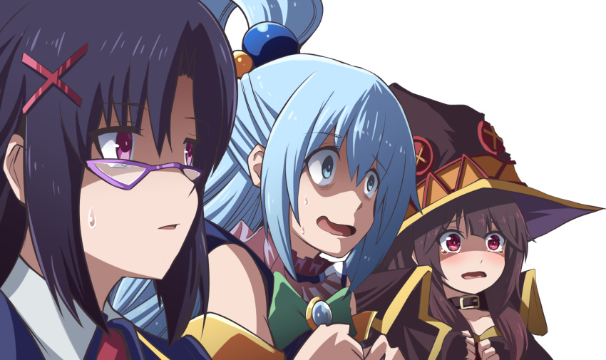 3girls aqua_(konosuba) black_hair blue_eyes blue_hair blush choker commentary fingerless_gloves fujitaka_nasu glasses gloves hair_ornament hair_rings hat highres kono_subarashii_sekai_ni_shukufuku_wo! long_hair looking_to_the_side megumin meme multiple_girls open_mouth purple_eyes red_eyes scared sena_(konosuba) shaded_face shirt simple_background sweat tears upper_body wanima_photo_(meme) wavy_mouth white_background witch_hat