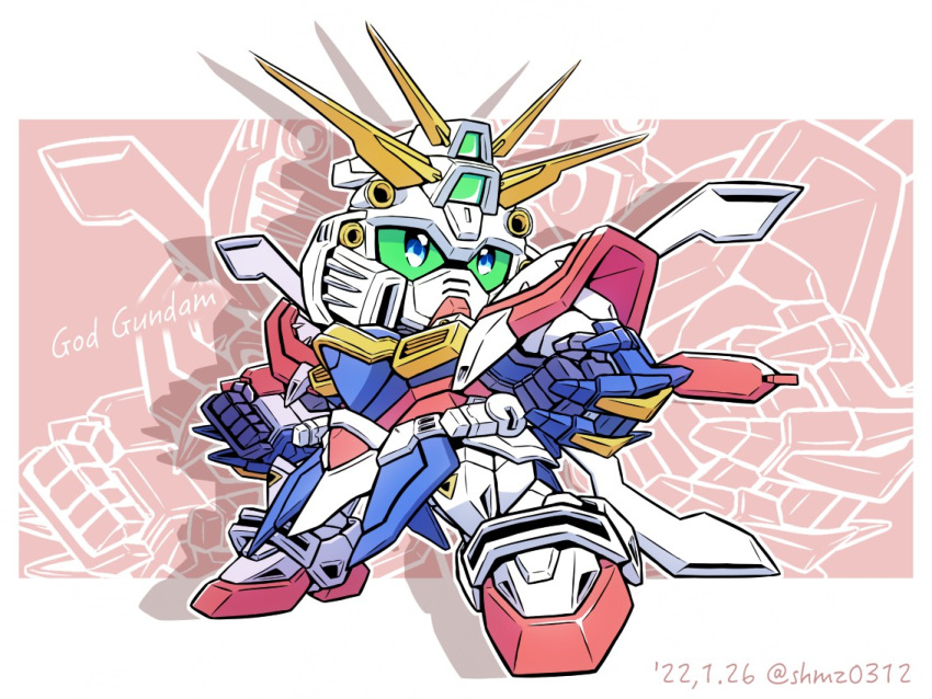 blue_eyes character_name chibi clenched_hand colored_sclera commentary dated english_commentary g_gundam god_gundam green_sclera gundam looking_up mecha mixed-language_commentary no_humans robot science_fiction sd_gundam shokkaa_(shmz61312) solo twitter_username v-fin