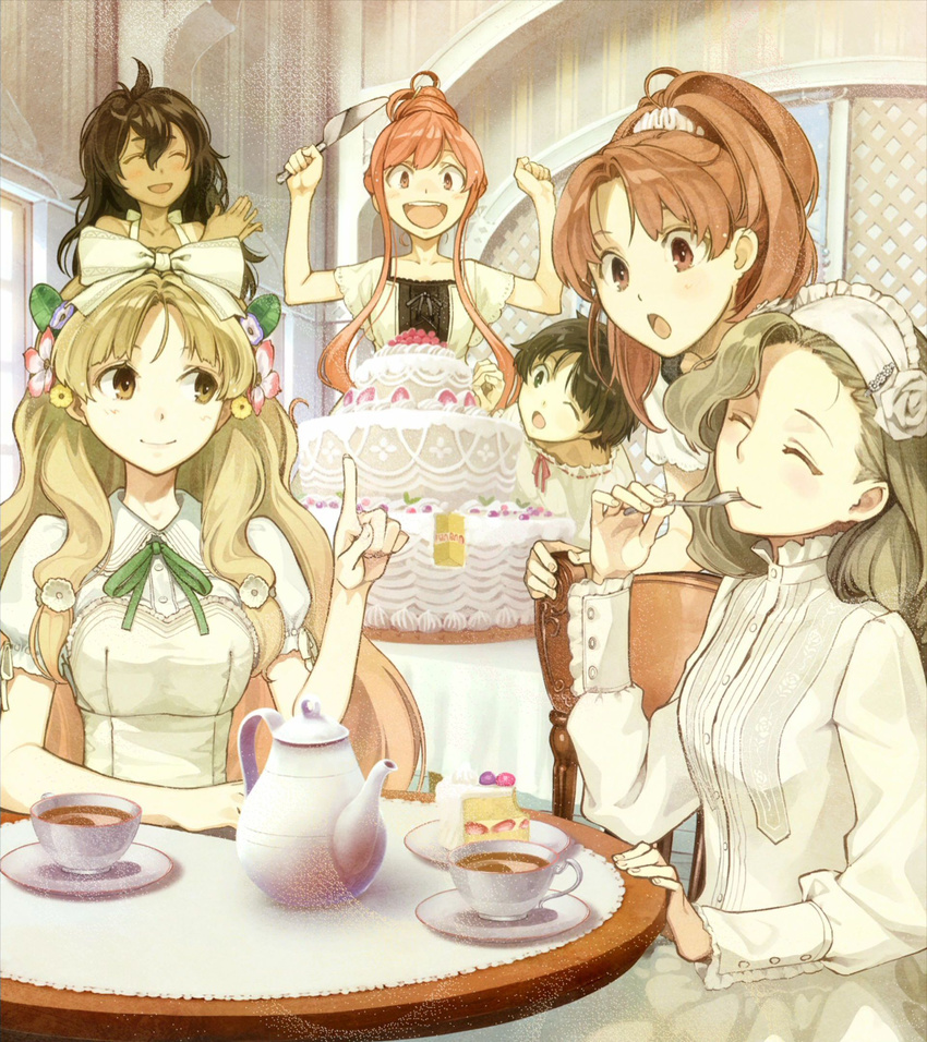 6+girls ;o alternate_costume atelier_(series) atelier_ayesha ayesha_altugle black_hair blonde_hair blouse bow brown_eyes brown_hair cake cake_slice chair closed_eyes cup eating flower food fork fruit hair_bun hair_flower hair_ornament hairbow hidari_(left_side) high_ponytail highres icing index_finger_raised knife layer_cake long_hair looking_at_another marietta_muir multiple_girls nanaca_grunden nio_altugle official_art one_eye_closed open_mouth ponytail red_eyes red_hair ribbon serving_spatula shirt short_hair sidelocks single_hair_bun sitting smile spatula standing strawberry strawberry_shortcake table tan tanya_volta tea tea_set teacup teapot wilbell_voll-ersleid