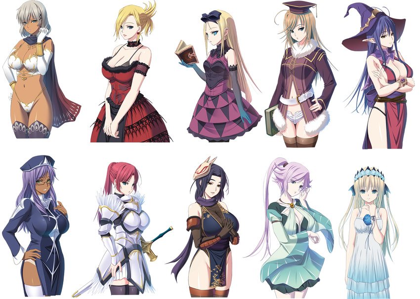 6+girls armor armored_dress bare_shoulders bikini bikini_armor black_hair blonde_hair book bra breasts brown_hair claudia_azure cleavage dark-skinned_female dark_skin dora_bellmel dress dungeon_of_regalias edna_(dungeon_of_regalias) elbow_gloves elf fortuna_(dungeon_of_regalias) gauntlets gloves grey_hair hair_ribbon hat highres large_breasts lavinia_casvan linaris long_hair m&m_(mickey_and_mackey) mask meriel_steward mole mole_under_eye multiple_girls nemu_(dungeon_of_regalias) ninja panties pink_hair pointy_ears ponytail purple_eyes purple_hair red_hair ribbon scarf short_hair skirt smile swimsuit sword tan tatewaki_shizuku thighhighs underwear ursula_(dungeon_of_regalias) weapon witch witch_hat yellow_eyes