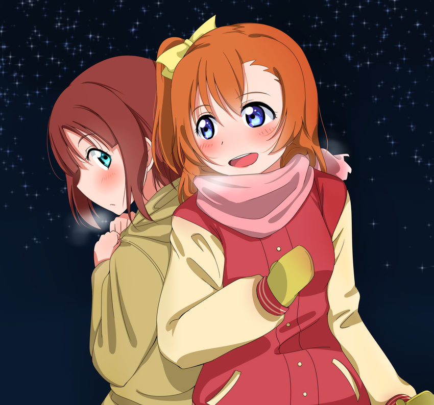 2girls back-to-back blue_eyes bow breath brown_hair commentary_request hairbow highres honomask jacket kosaka_honoka kosaka_yukiho letterman_jacket love_live! love_live!_school_idol_project mittens multiple_girls one_side_up open_mouth orange_hair scarf siblings sisters sky star_(sky) starry_sky winter_clothes