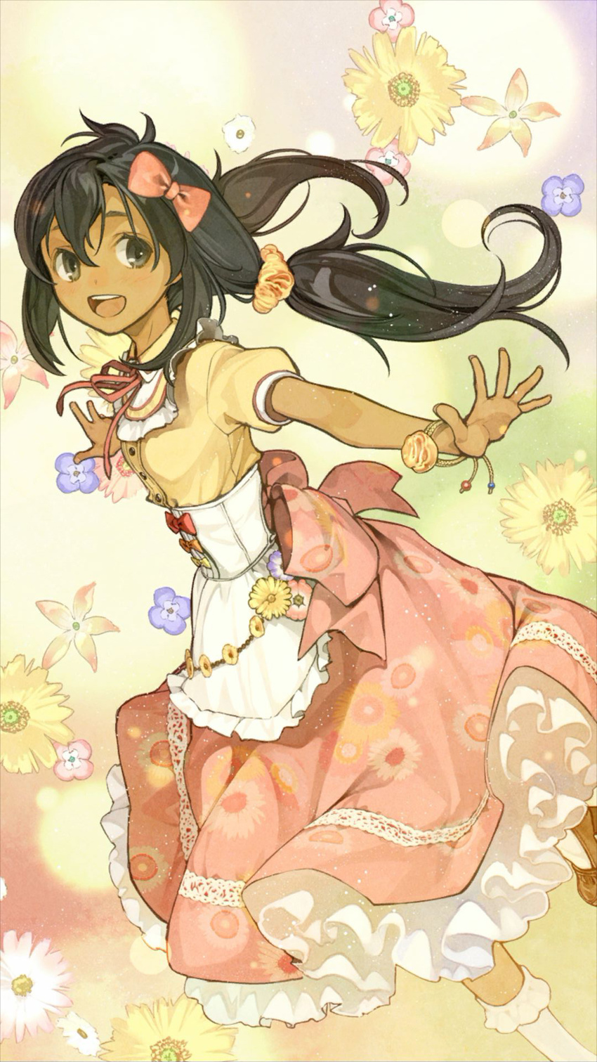 :d alternate_costume alternate_hairstyle apron atelier_(series) atelier_ayesha black_eyes black_hair bow corset dress female flower frills hairbow hidari_(left_side) highres long_hair low_twintails official_art open_mouth outstretched_arms photoshop_(medium) pink_dress rotated smile solo spread_arms tan tanya_volta twintails