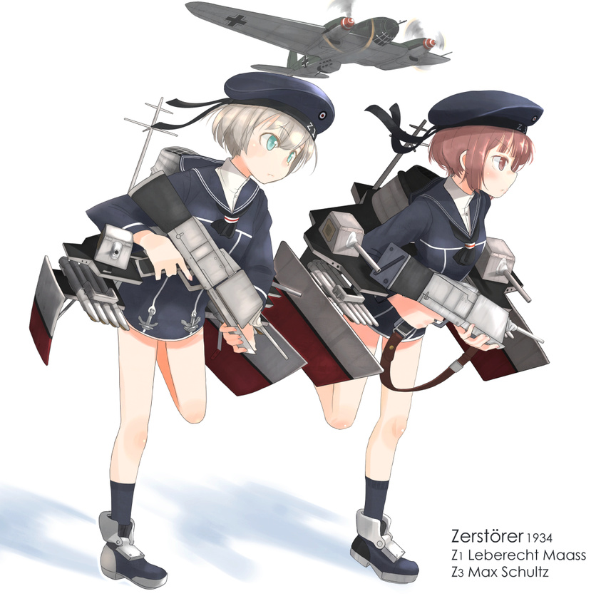 2girls aircraft airplane blonde_hair blue_dress blue_eyes blue_legwear blunt_bangs brown_hair character_name commentary_request dress finger_on_trigger hat he_111 kantai_collection kitsuneno_denpachi kneehighs leg_up long_sleeves machinery multiple_girls neckerchief sailor_collar sailor_dress sailor_hat shadow short_hair simple_background socks white_background z1_leberecht_maass_(kancolle) z3_max_schultz_(kancolle)