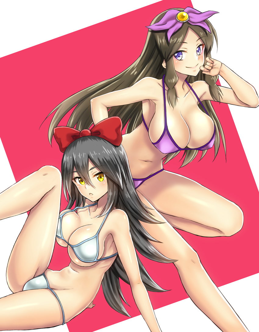 2girls :o alouette_(pokemon) alternate_breast_size amelia_(pokemon_anime) bikini black_hair blue_eyes blush bow breast_press breasts brown_hair commentary_request hair_between_eyes hairbow highres large_breasts long_hair looking_at_viewer micro_bikini multiple_girls navel parted_lips pokemon pokemon_(anime) pokemon_xy_(anime) purple_bikini sidelocks smile strap_gap string_bikini swimsuit takecha white_bikini yellow_eyes