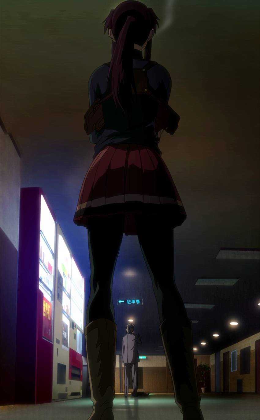 1boy back black_lagoon chaka_(black_lagoon) female highres purple_hair revy_(black_lagoon) skirt standing stitched