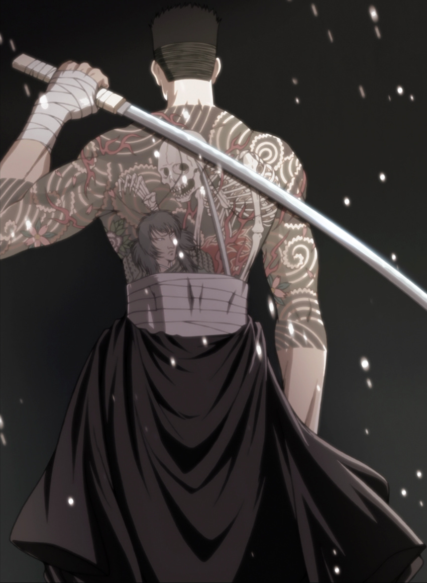 1boy back black_lagoon highres matsuzaki_ginji muscle standing stitched sword tattoo weapon