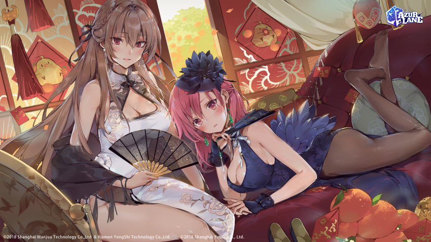 2girls absurdres akizero1510 azur_lane bare_legs black_legwear black_pantyhose black_prince_(azur_lane) black_prince_(fair_maid_spring)_(azur_lane) blush breasts brown_eyes brown_hair china_dress chinese_clothes cleavage cleavage_cutout clothing_cutout commentary company_name dress folded_fan folding_fan hand_fan highres holding holding_fan large_breasts long_hair looking_at_viewer mole mole_under_mouth multiple_girls official_alternate_costume official_art pantyhose parted_lips pink_eyes pink_hair smile swiftsure_(azur_lane) swiftsure_(beauty_of_white_jade)_(azur_lane) very_long_hair