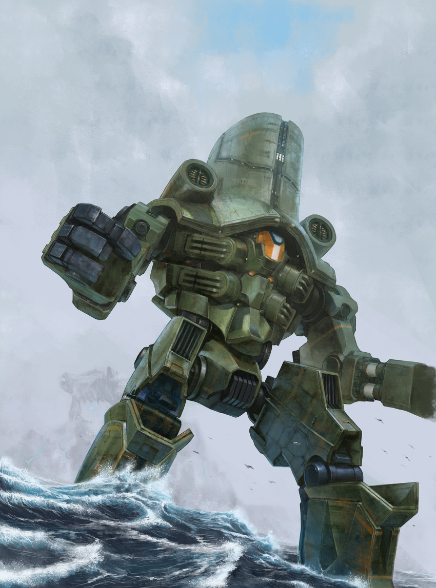 cherno_alpha day giant giant_monster grey_sky highres jaeger_(pacific_rim) kaijuu mecha military military_vehicle monster nakakita_kouji no_humans outdoors pacific_rim realistic robot science_fiction sky wading