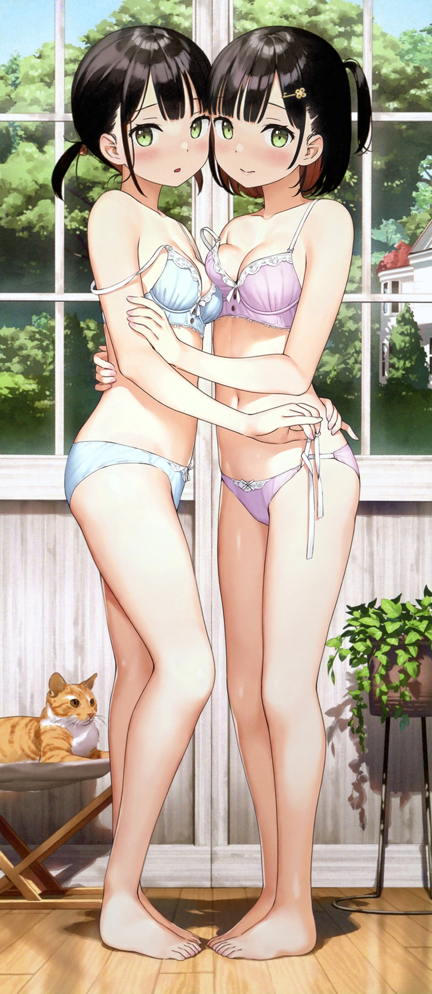 2girls absurdres akemi_(kantoku) bare_legs barefoot black_hair blue_bra blue_panties blush bra breasts cleavage contrapposto feline from_side green_eyes hair_ornament hairclip highres himeru_(kantoku) indoors kantoku looking_at_viewer medium_breasts multiple_girls navel one_side_up original panties parted_lips purple_bra purple_panties scan short_hair short_ponytail siblings side-tie_panties small_breasts smile standing strap_slip toes twins underwear underwear_only untied_panties untying yuri