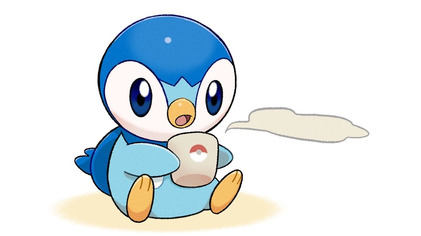 :o blowing blowing_on_food blue_eyes commentary_request cup holding holding_cup no_humans official_art open_mouth piplup pokemon pokemon_(creature) project_pochama sitting solo steam toes tongue white_background