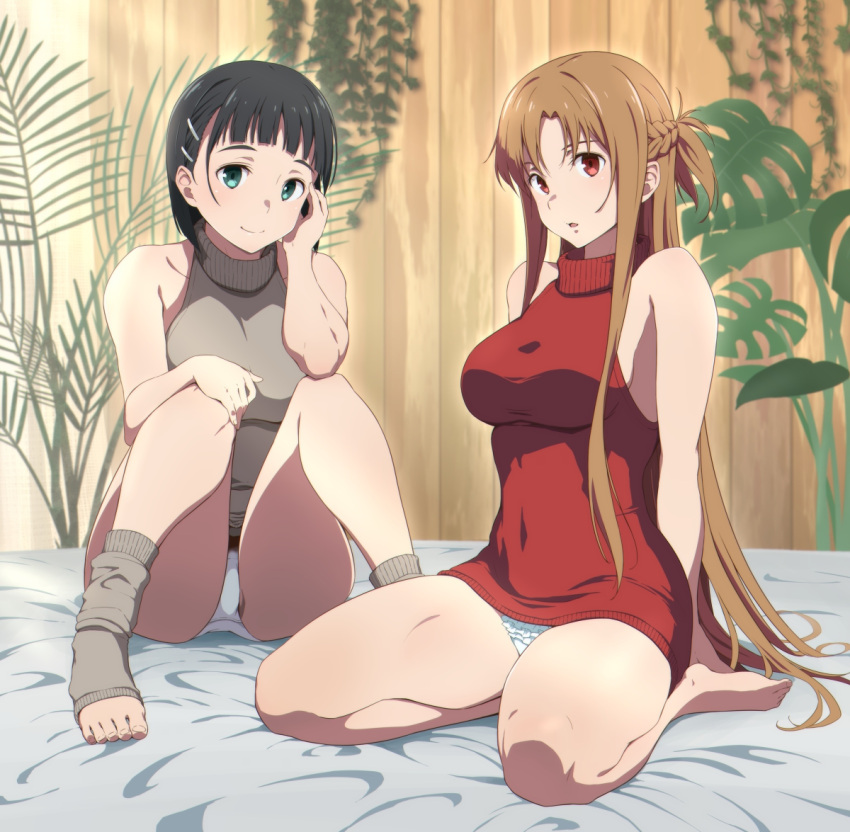 2girls asuna_(sao) bare_arms bare_legs barefoot black_hair bob_cut breasts brown_hair commentary_request feet frilled_panties frills green_eyes grey_legwear grey_sweater hair_ornament hairclip half_updo kirigaya_suguha long_hair medium_breasts multiple_girls no_pants panties puge red_eyes red_sweater short_hair sitting sleeveless sleeveless_sweater sweater sword_art_online thighs toeless_legwear toes turtleneck underwear very_long_hair wariza white_panties