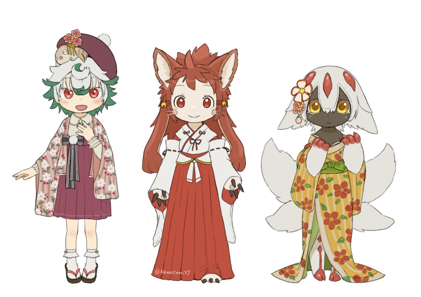 3girls animal_ears artist_name bad_id bad_twitter_id bell black_skin blush closed_mouth colored_skin faputa flower full_body green_hair hair_bell hair_flower hair_ornament japanese_clothes kawasemi27 long_hair long_sleeves looking_at_viewer made_in_abyss meinya_(made_in_abyss) messy_hair miko mitty_(made_in_abyss)_(furry) multicolored_hair multiple_girls multiple_tails narehate open_mouth prushka red_eyes red_hair red_skirt sandals short_hair skirt smile socks tail twitter_username whiskers white_hair white_legwear zouri