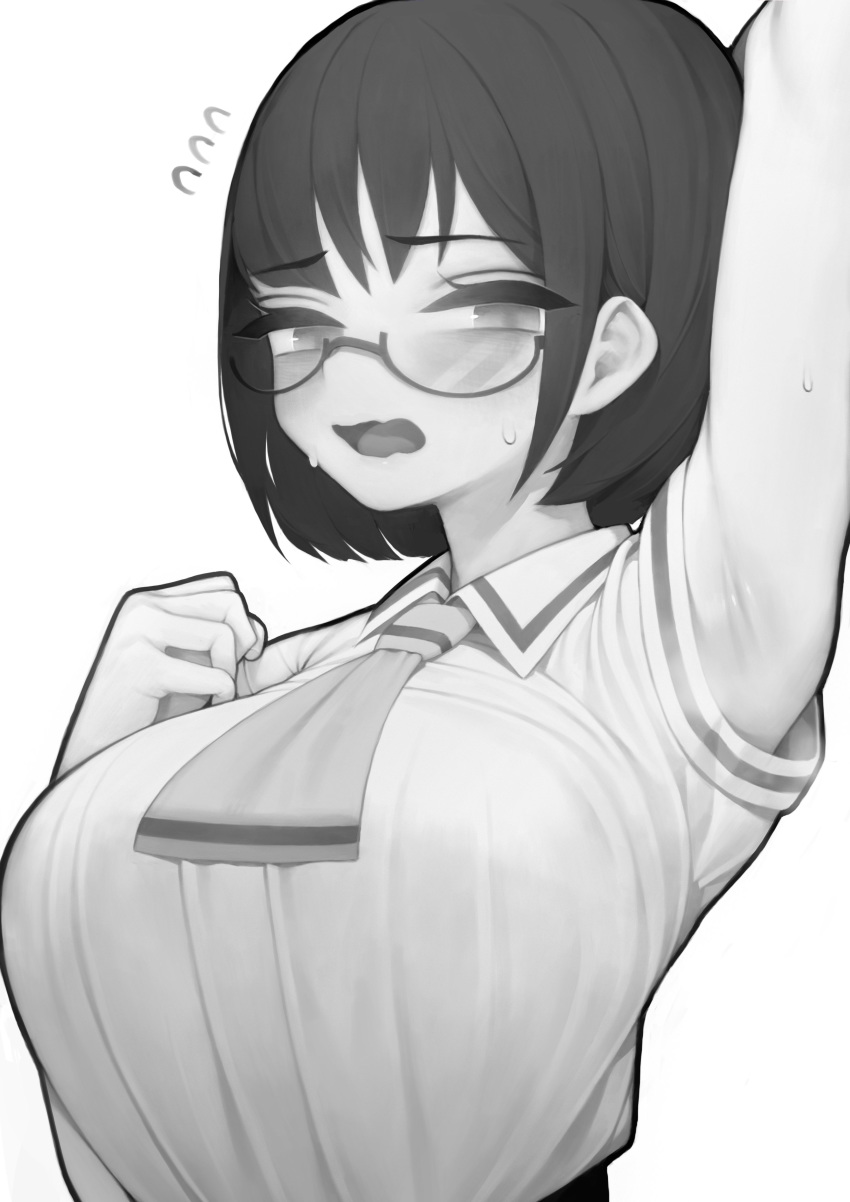 absurdres arm_behind_head arm_up armpits asobi_asobase blush breasts female flying_sweatdrops glasses greyscale half-closed_eyes highres monochrome nomura_kasumi open_mouth rabbit_(wlsdnjs950) short_hair simple_background solo steam steaming_body sweat sweatdrop tongue white_background