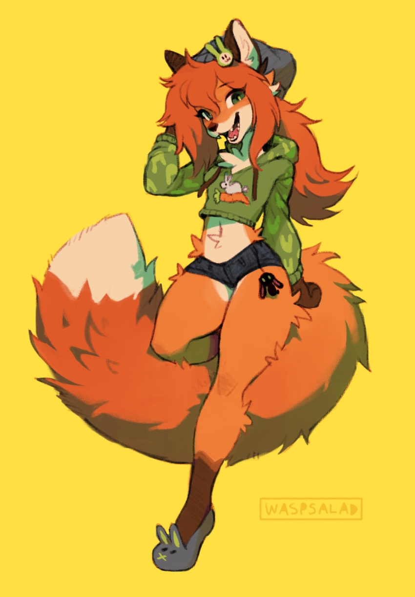 :3 animal_ear_fluff animal_ears animal_nose animal_slippers artist_name beanie blue_footwear blue_hat blue_shorts body_fur brown_fur bunny_slippers commentary crop_top cropped_sweater drawstring english_commentary fangs female fox_ears fox_girl fox_tail full_body furry furry_female green_eyes green_sweater hair_ornament hand_up happy hat highres hood hood_down hooded_sweater leg_up legs long_hair long_sleeves looking_at_viewer midriff navel open_mouth orange_fur original red_hair sharp_teeth short_shorts shorts sidelocks signature simple_background slippers smile snout solo standing standing_on_one_leg stomach sweater tail teeth tongue waspsalad white_fur yellow_background yellow_eyes