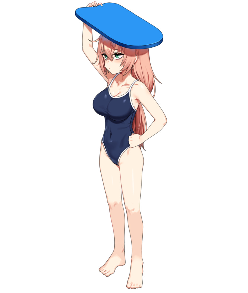 arm_up artpatient bare_legs barefoot blue_eyes blue_one-piece_swimsuit breasts cleavage closed_mouth collarbone commentary covered_navel female full_body hair_between_eyes hand_on_own_hip highres holding_kickboard kickboard large_breasts long_hair michinoku_komaro object_on_head one-piece_swimsuit pink_hair school_swimsuit seitokai_nimo_anawa_aru! simple_background solo standing swimsuit toes white_background