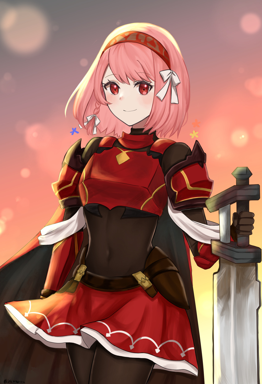 absurdres armor bodystocking braid cape covered_navel crop_top female fire_emblem fire_emblem_engage grey_hairband hairband highres holding holding_sword holding_weapon lapis_(fire_emblem) otokajife pink_eyes pink_hair red_armor red_cape red_hairband red_skirt ribbon side_braid skirt solo sword two-tone_hairband weapon white_ribbon