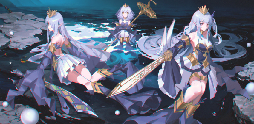 3girls bare_shoulders detached_sleeves duel_monster grey_eyes grey_hair gzs highres holding holding_staff holding_sword holding_weapon kneehighs knees_together_feet_apart multiple_girls pleated_skirt pointy_ears sitting skirt sleeves_past_fingers sleeves_past_wrists socks staff sword tearlaments_havnis tearlaments_merrli tearlaments_scheiren tiara weapon yu-gi-oh!