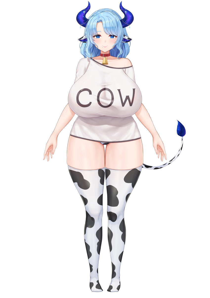 absurdres animal_ears animal_print arms_at_sides asymmetrical_bangs bell blue_eyes blue_hair blue_horns blue_pupils blush breasts bright_pupils closed_mouth collar collarbone cow_ears cow_girl cow_print cow_tail cream_cod dot_nose english_text female full_body highres horn_ornament horns huge_breasts indie_virtual_youtuber light_blue_hair lips looking_at_viewer miilkywayz mole mole_under_eye mole_under_mouth neck_bell off_shoulder official_art shirt short_sleeves simple_background solo standing star-shaped_pupils star_(symbol) straight-on symbol-shaped_pupils tachi-e tail tareme taut_clothes taut_shirt thighhighs virtual_youtuber white_background white_shirt wide_hips