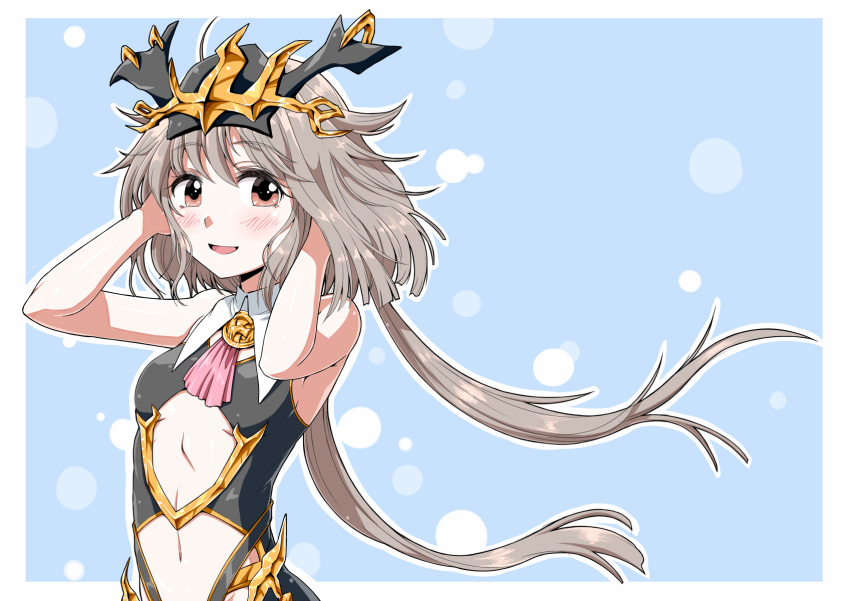 :d arm_up bare_shoulders blue_background blush border brown_eyes female grey_hair headpiece highres kyo9999 langrisser langrisser_re:incarnation licorice_(langrisser) long_hair looking_at_viewer navel open_mouth revealing_clothes short_hair_with_long_locks simple_background smile solo upper_body white_border