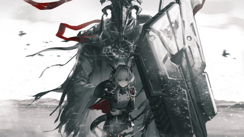 1boy arknights armor cape deer_skull dragon_horns dragon_tail female grey_hair horns looking_at_viewer medium_hair military military_uniform miniskirt official_art patriot_(arknights) shield size_difference skirt spoilers standing tail talulah_(arknights) talulah_the_fighter_(arknights) uniform