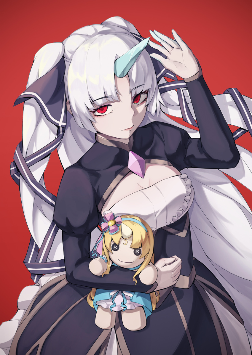 artia breasts chinese_commentary civia cleavage corrupted_metadata female highres holding holding_stuffed_toy hololive hololive_china ice_horns medium_breasts red_background red_eyes solo stuffed_toy two_side_up virtual_youtuber white_hair xigao_gao