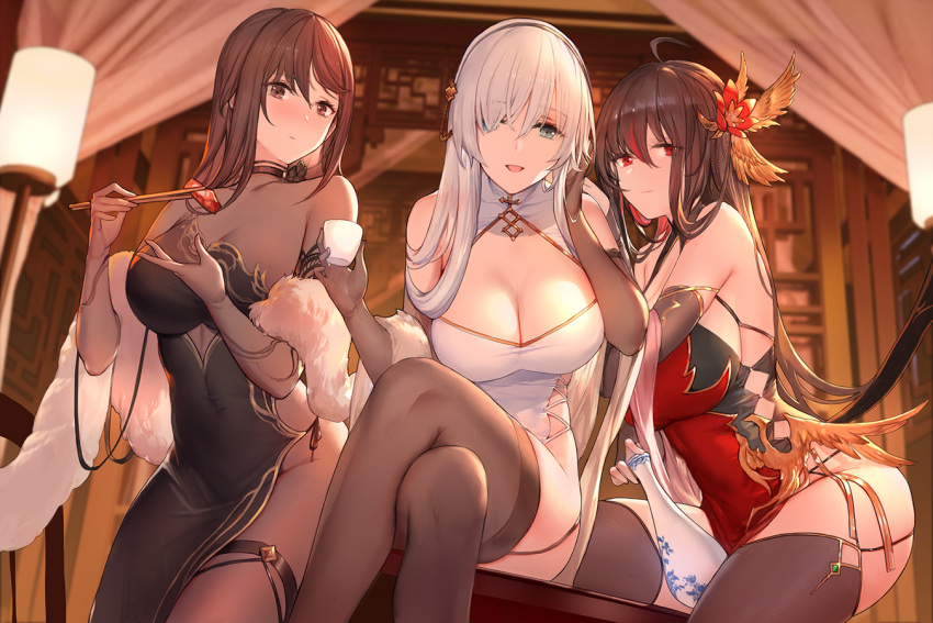 3girls ahoge anastasia_(fate) aqua_eyes black_hair breasts brown_eyes brown_hair china_dress chinese_clothes choko_(cup) chopsticks cleavage cleavage_cutout clothing_cutout cowboy_shot cup curtains dress elbow_gloves fate/empire_of_dirt fate/grand_order fate_(series) feet_out_of_frame food gloves hair_ornament hair_over_one_eye indoors lamp legs liu_xiu_(fate/empire_of_dirt) looking_at_viewer multiple_girls open_mouth red_dress red_eyes side_slit sleeveless sleeveless_dress smile sushi swd3e2 thighhighs thighs white_hair yu_mei-ren_(fate)