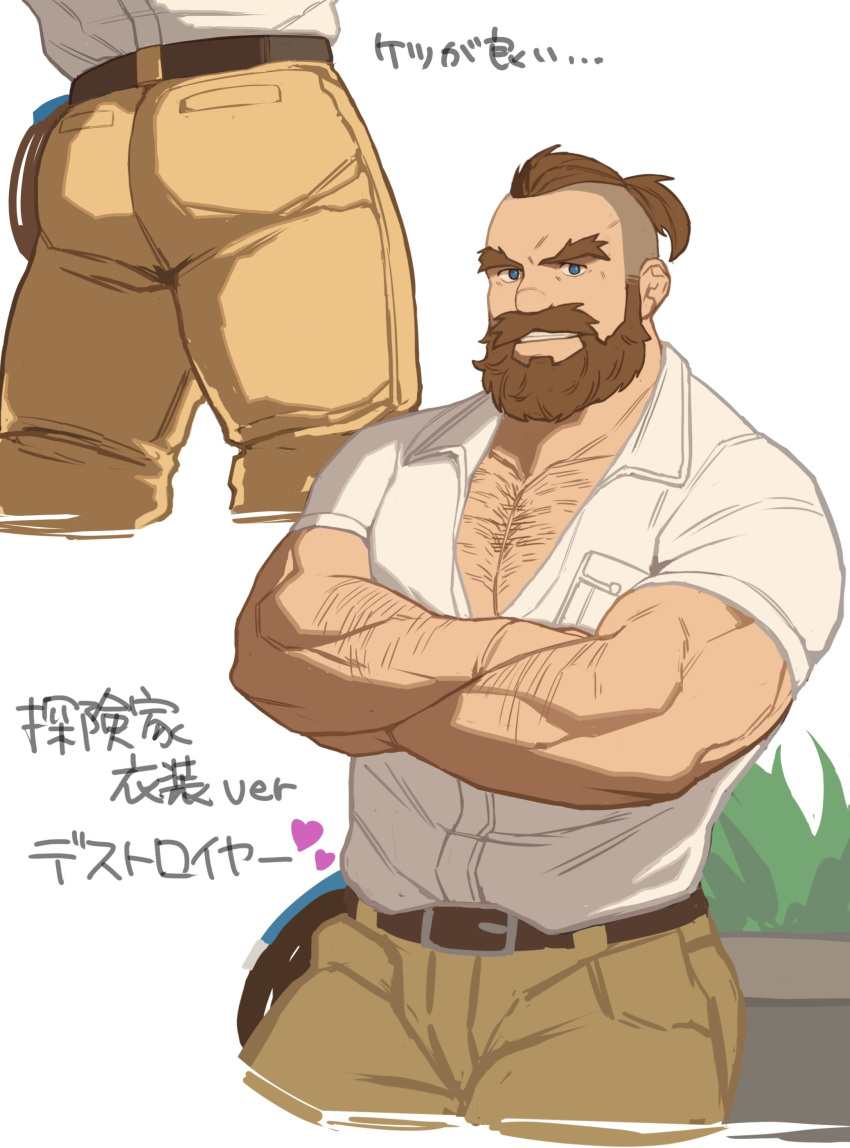 1boy absurdres arm_hair ass bara beard belt blue_eyes brown_hair chest_hair cropped_legs crossed_arms destroyer_(ni_no_kuni) facial_hair forked_eyebrows hair_slicked_back highres large_pectorals looking_at_viewer male_focus mature_male moustache multiple_views muscular muscular_male ni_no_kuni:_cross_worlds pants partially_unbuttoned pectoral_cleavage pectorals ryker shirt short_hair smirk thick_eyebrows thick_thighs thighs tied_hair tight_clothes tight_pants tight_shirt translated undercut white_shirt yellow_pants