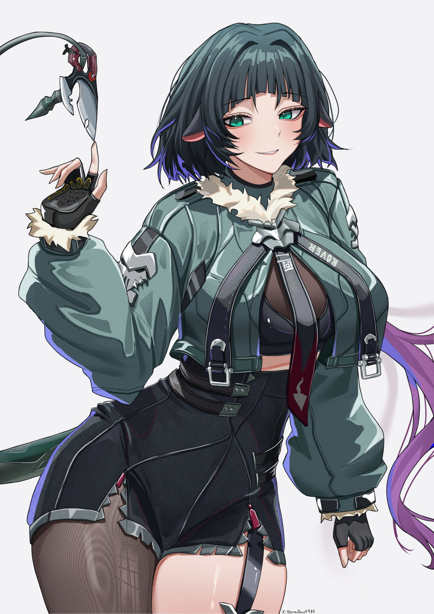 absurdres animal_ears black_gloves black_hair breasts female fingerless_gloves gloves green_eyes green_hair highres jacket jane_doe_(zenless_zone_zero) large_breasts legs long_hair looking_at_viewer mouse_ears multicolored_hair pantyhose shiraitoart983 short_hair simple_background smile solo tail thighhighs torn_clothes torn_pantyhose zenless_zone_zero